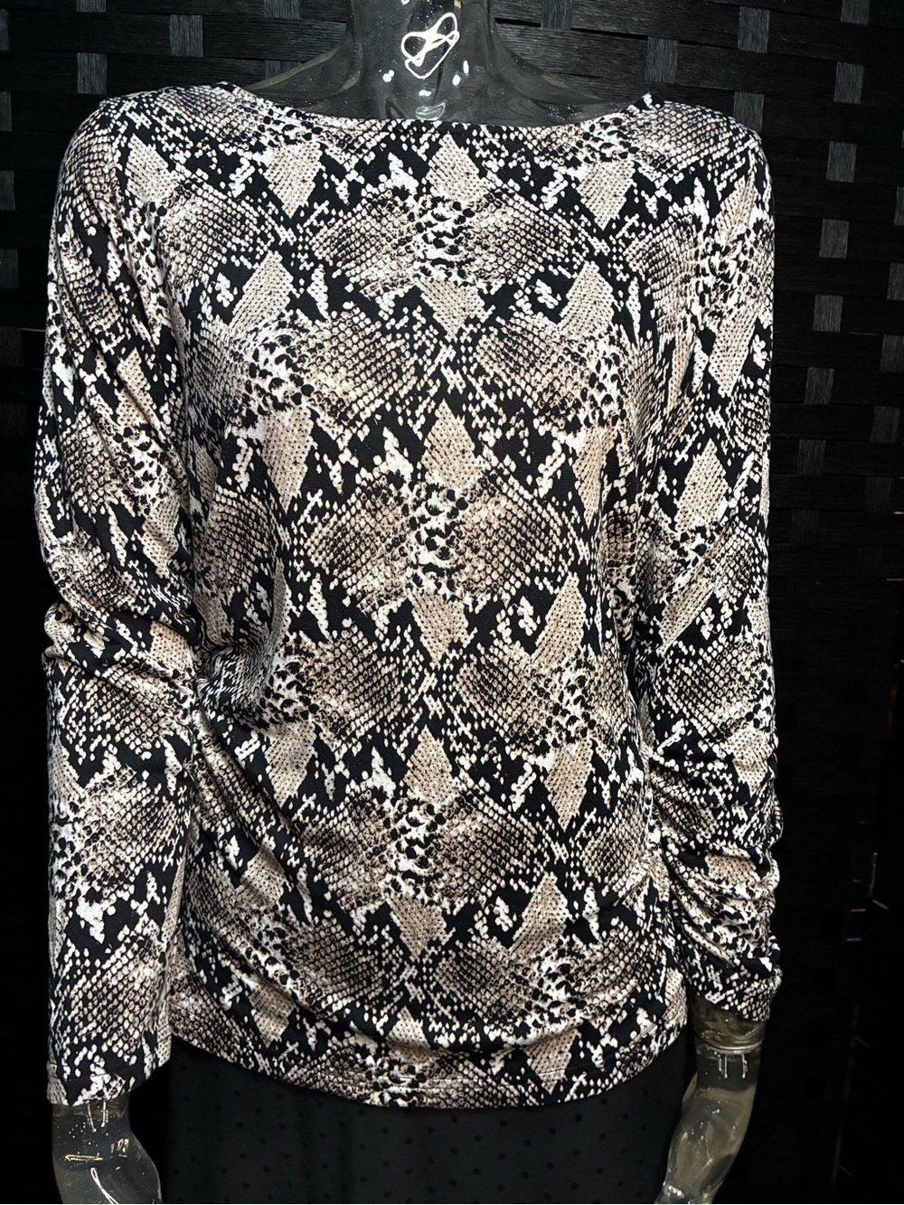 Mario Serrani Snake-Print Long Sleeve Top in Black & Beige